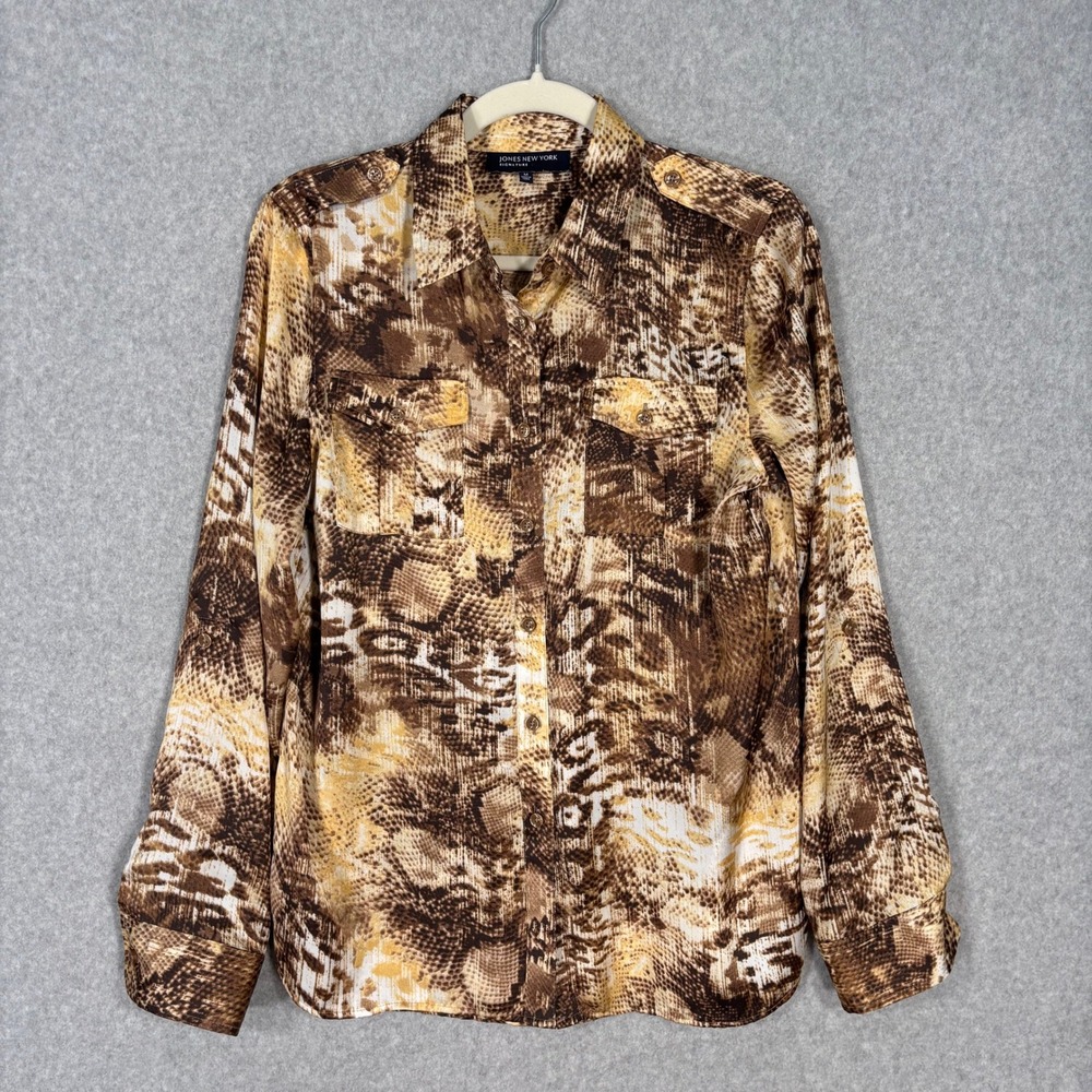 Jones New York Satin Button Up Blouse Medium Snake Print Utility Maximalist Glam